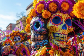 Wall Mural - Close-up of a decorated skull with marigold flowers in a Day of the Dead parade, highlighting Mexican cultural celebration. ai