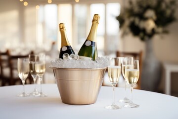 Poster - Bucket of champagne bottle glass table.