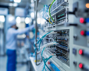 Wall Mural - image showcases clean, high tech environment featuring intricate electrical wiring installation. foc