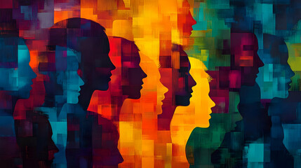 Wall Mural - A vibrant abstract portrayal of diverse human profiles in colorful layers.