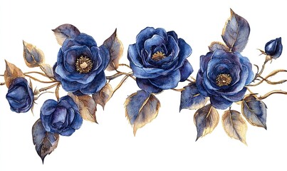 Elegant blue roses with golden leaves create a stunning floral pattern, perfect for decoration and design projects.