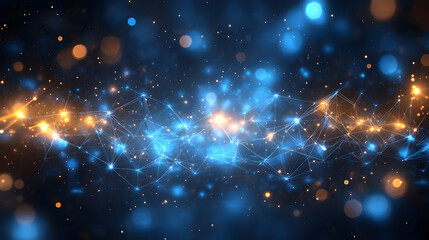 A vibrant abstract representation of interconnected nodes and glowing particles in blue and orange.