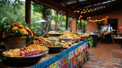 Fiesta party with colorful papel picado, mariachi band, and a spread of Mexican cuisine