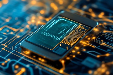 Fototapete - A close up of a smartphone with a digital screen showing a blue and yellow circuit board on top of a computer circuit board.
