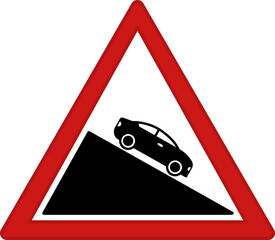 Sticker - Red Sign Steep Descent. Warning Road Sign. Car Driving Down. Vector Icon