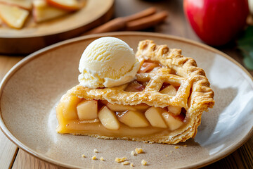 Wall Mural - A slice of apple pie topped with ice cream on a plate.