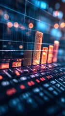 Poster - A close up of a stock market chart with red bars rising on a blue background.