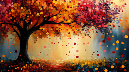 Sticker - A vibrant autumn landscape featuring a colorful tree and a dreamy background.