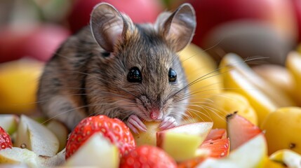 A curious mouse nibbles on an apple slice while surrounded by a vibrant assortment of fresh fruits like strawberries and bananas