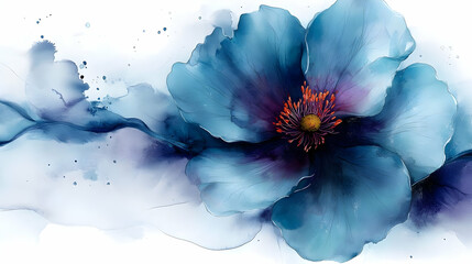 Wall Mural - A vibrant blue flower illustration with watercolor splashes, evoking beauty and tranquility.