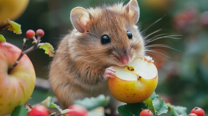 A curious mouse munches on a bright apple, surrounded by lush green leaves in an orchard, basking in the warm sunlight of a fall day