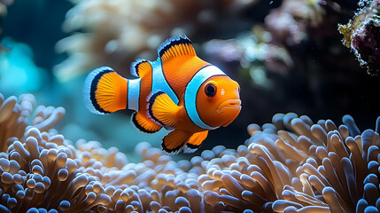 Poster - A vibrant clownfish swimming among colorful sea anemones in a coral reef environment.