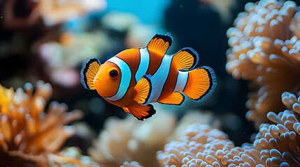 Wall Mural - A vibrant clownfish swimming among coral in a colorful underwater scene.