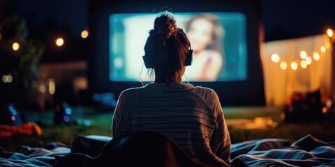 A person with a hearing aid attending an outdoor cinema event, sitting on a blanket under the stars, watching a movie on a large screen, the atmosphere relaxed and joyful