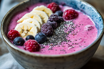 Wall Mural - A colorful smoothie bowl topped with bananas, berries, and chia seeds.