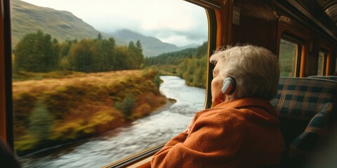 Wall Mural - A person with a hearing aid on a scenic train ride through the countryside, gazing out of the window at rolling hills and rivers, the train cozy and filled with natural l