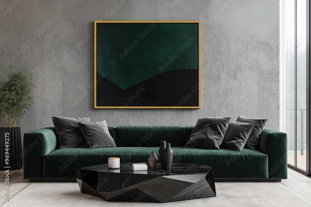 Minimalist living room design with a plush velvet sofa in deep emerald ...