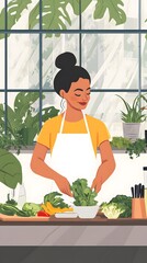 A woman wearing an apron is preparing vegetables in the kitchen, surrounded by fresh ingredients and colorful fruits