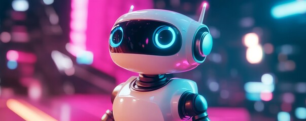 Poster - Futuristic robot with glowing lights in a neon cityscape