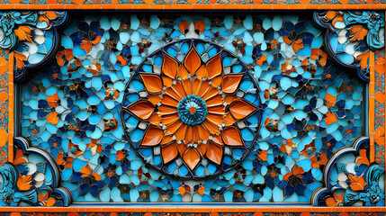 A vibrant decorative pattern featuring a central flower design in blue and orange hues.