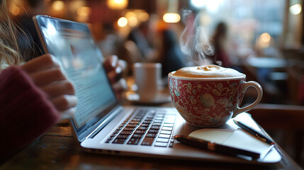 Wall Mural - a person is using a laptop while holding a cup of coffee
