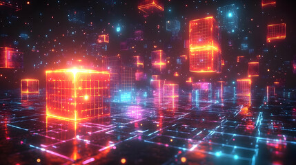 Wall Mural - A vibrant digital landscape with glowing cubes and a grid-like floor, suggesting a futuristic theme.