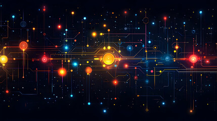 Canvas Print - A vibrant digital network with glowing nodes and connections, representing technology and data flow.