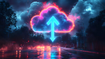 Sticker - A vibrant digital representation of cloud computing with an upload symbol in a nighttime setting.