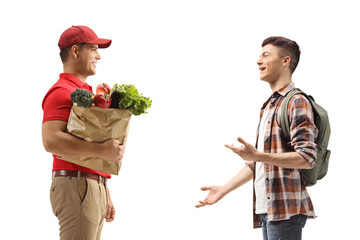 Poster - Courier delivering a grocery bag to a teenage student