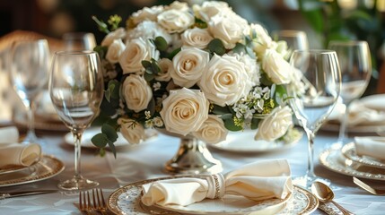 Wall Mural - Table setting for a wedding celebration dinner closeup. White roses flowers vase decoration