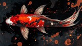 Vibrant watercolor painting of a koi fish on a black background with abstract splashes, highlighting its vivid red, white, and black patterns