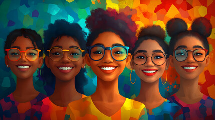 Wall Mural - A vibrant illustration of five diverse women with different hairstyles and glasses, smiling.