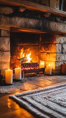 A cozy fireplace with burning logs and candles in a rustic setting.