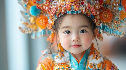 Wall Mural - Asian girl in a dragon costume set against a clean white