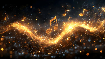 Canvas Print - A vibrant musical background with shimmering notes and sparkling waves of light.