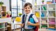 © Danicha - A smiling young student wearing a uniform and holding a backpack stands in a bright classroom, surrounded by
