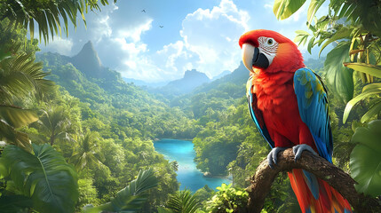 Poster - A vibrant parrot perched in a lush tropical landscape with mountains and a river.