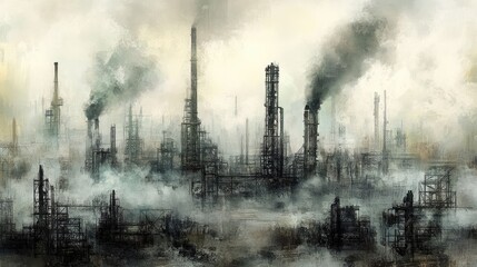 A haunting industrial skyline shrouded in smoke, showcasing the stark beauty and pollution of modern manufacturing.