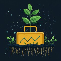 Canvas Print - vector design of a plant growing out of a briefcase with roots extending to form a positive trend li