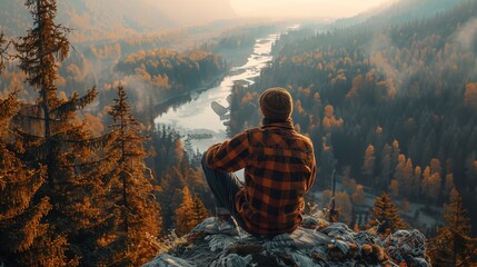 A man is sitting on a rock overlooking a river