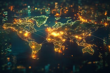 Leinwandbilder - A digital illustration of a glowing world map with lines connecting various cities.