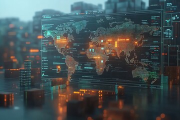 Leinwandbilder - A digital map of the world with data and code surrounding it.