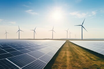 Wall Mural - Solar field windmill outdoors horizon.