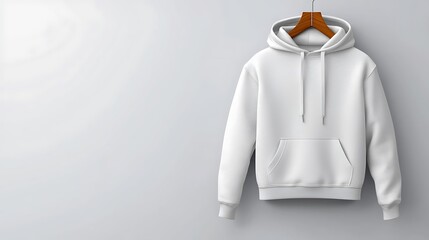 A blank white hooded sweatshirt mockup hanging on a simple hanger.