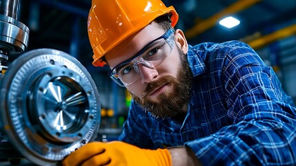 An industrial worker inspecting a machine part with keen attention to detail.