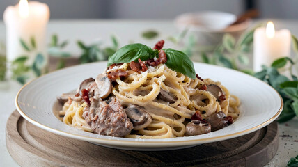 A mouthwatering plate of creamy beef spaghetti carbonara topped with mushrooms and cheese in a cozy restaurant setting, perfect for Italian food lovers and culinary presentations. 