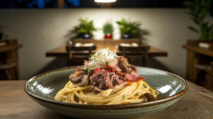 Wall Mural - A mouthwatering plate of creamy beef spaghetti carbonara topped with mushrooms and cheese in a cozy restaurant setting, perfect for Italian food lovers and culinary presentations. 