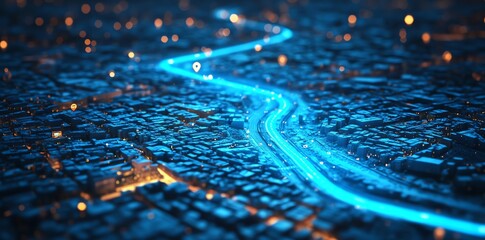 Fototapete - A futuristic aerial view of a city at night with a glowing blue route.