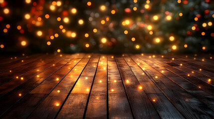 Canvas Print - A warm, illuminated wooden surface with glowing lights, creating a festive atmosphere.