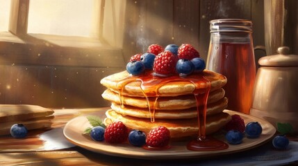 Delicious Pancakes with Syrup and Berries